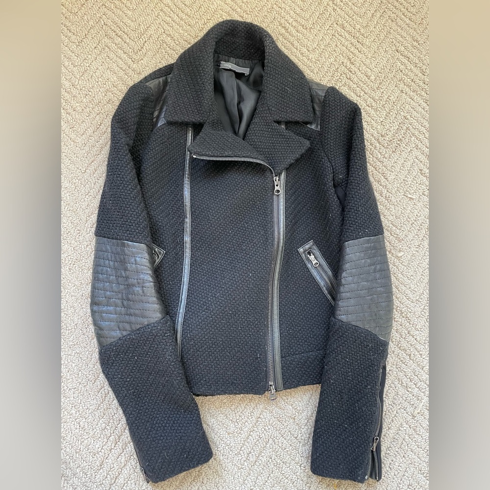 Vince Wool Blend Leather Mixed Media Elbow Patch Moto Jacket in Black